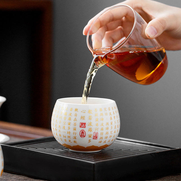 Taza de té y platillo con tapa, taza de té de cerámica Gaiwan, Sutra de corazón budista con Buddha Stones, pequeño personaje Fu