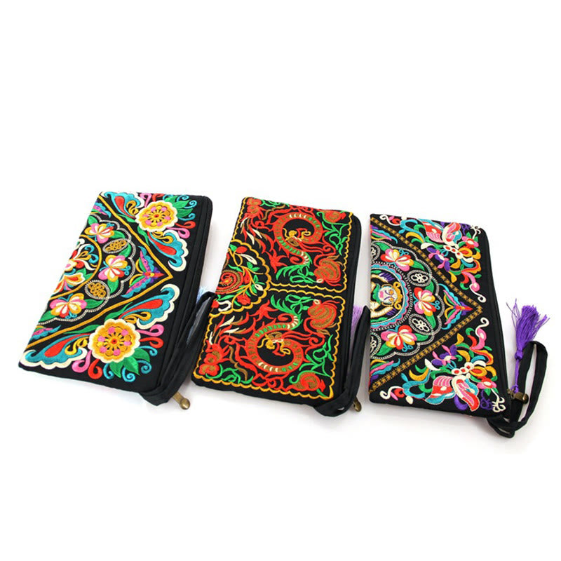 Cartera de compras con bordado de flores de Buddha Stones, dragón, mariposa, cosmos