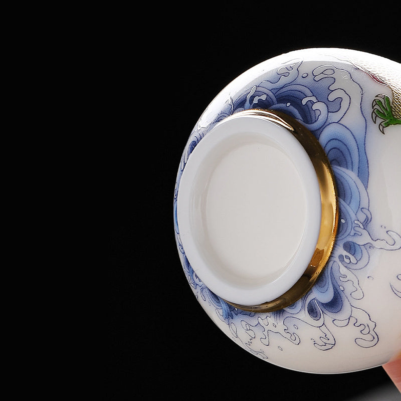 Taza de té de cerámica con Buddha Stones, dragón, Fénix, nubes propicias, sol, olas del océano, taza de té de Kung Fu