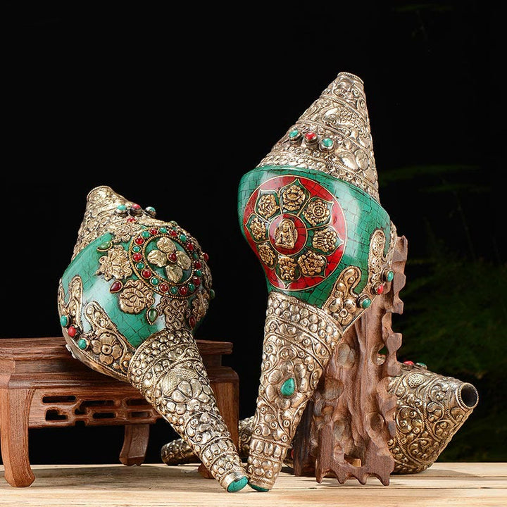 Tibetano hecho a mano grabado Shankha doble Dorje Buda Concha riqueza decoración positiva - image 1