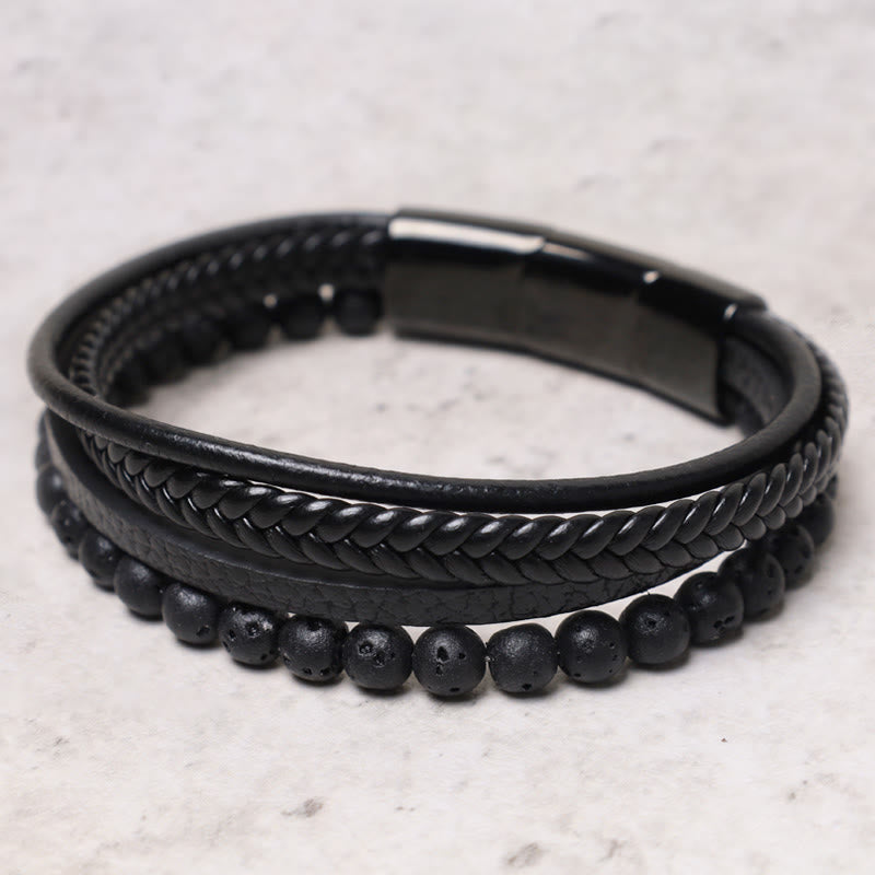 Pulsera de cuero con cuentas de ónix negro y roca de lava natural con Buddha Stones