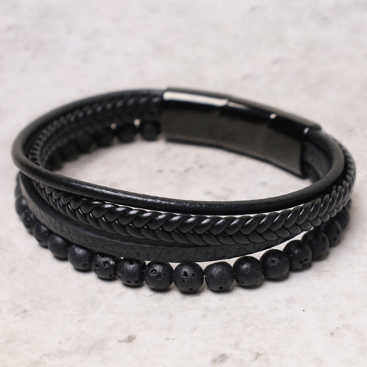 Pulsera de cuero con cuentas de ónix negro y roca de lava natural con Buddha Stones