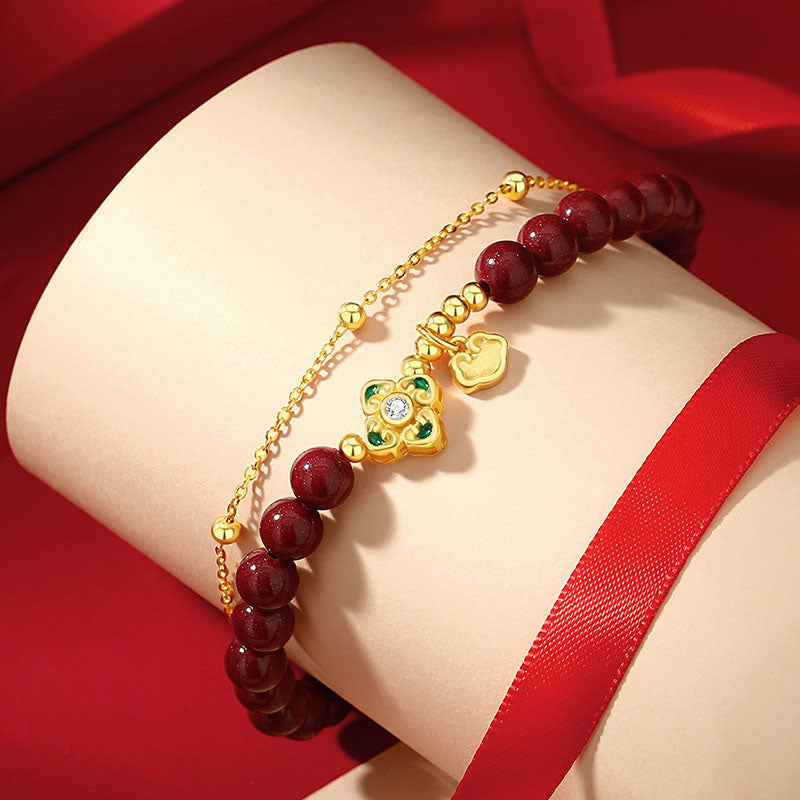 Pulsera de cadena de bendición de flores de trébol de cuatro hojas de cinabrio natural de plata de ley 925 con Buddha Stones