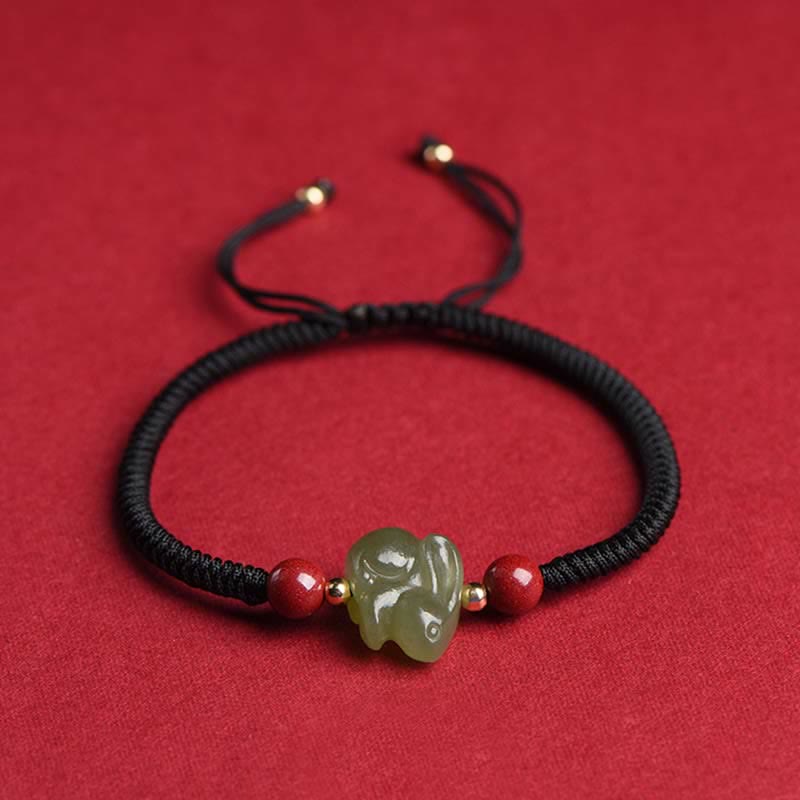 Año del Conejo Hetian Jade Bunny Cinabrio Con Cuentas Pulsera de Hilo de Abundancia