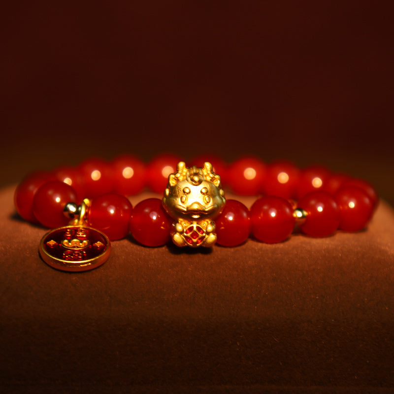 Buddha Stones Año del Dragón Ágata Roja Natural Moneda de Cobre Atraer Pulsera de la Fortuna
