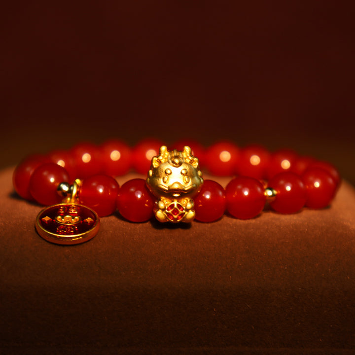 Buddha Stones Año del Dragón Ágata Roja Natural Moneda de Cobre Atraer Pulsera de la Fortuna