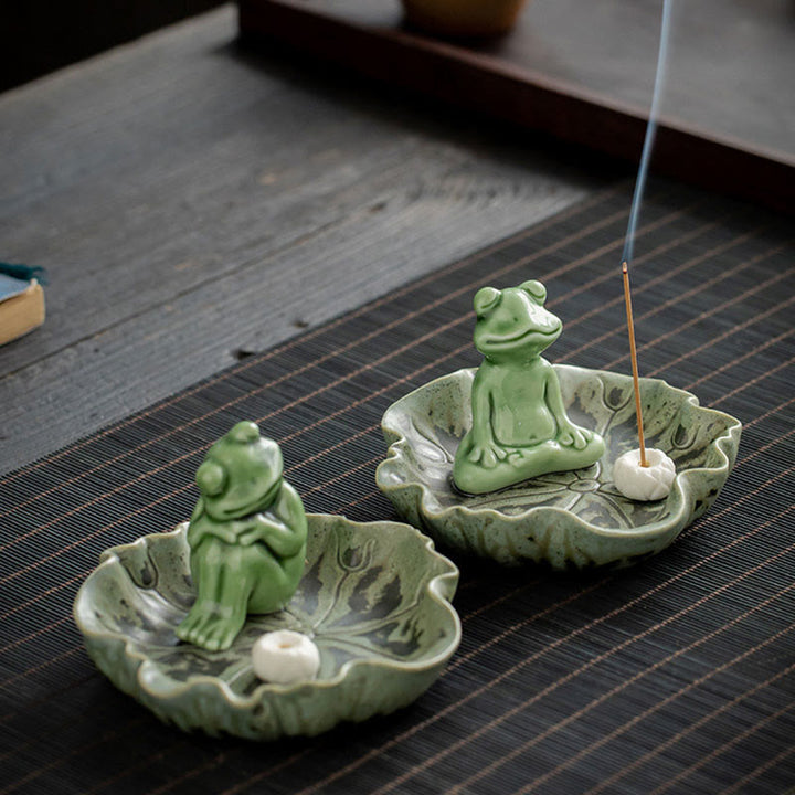 Quemador de incienso de cerámica curativo con patrón de rana para meditación de hojas de Buddha Stones, decoración