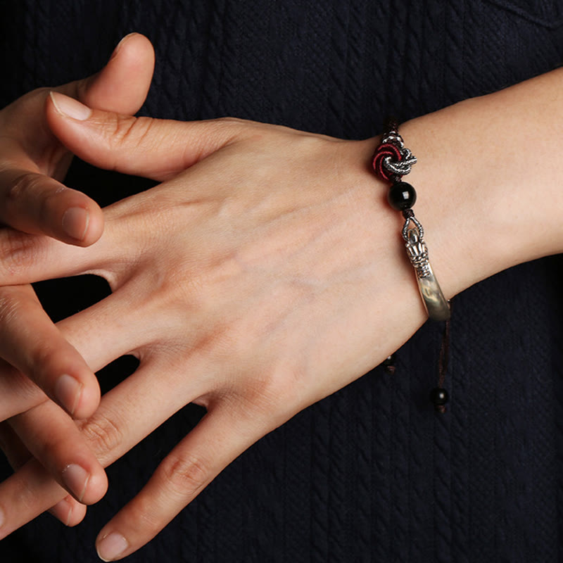 Pulsera trenzada hecha a mano con diseño de dragón auspicioso de plata de ley 925 con Buddha Stones