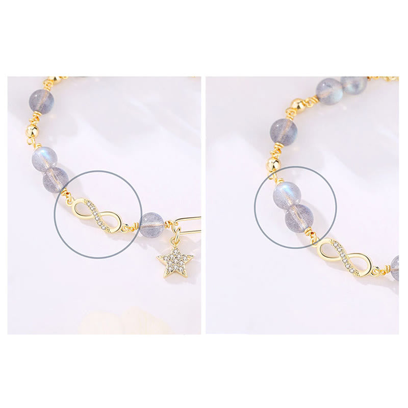 Buddha Stones chapadas en oro de 14 quilates, cuarzo fresa natural, piedra lunar, lazo de Möbius, pulsera positiva con estrella de amor eterno