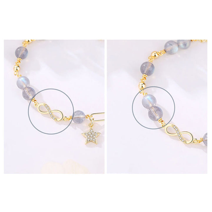 Buddha Stones chapadas en oro de 14 quilates, cuarzo fresa natural, piedra lunar, lazo de Möbius, pulsera positiva con estrella de amor eterno