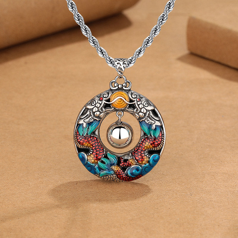 Colgante de collar de protección de cobre con cuentas de juego de dragones dobles coloridos del Año del Dragón de Buddha Stones