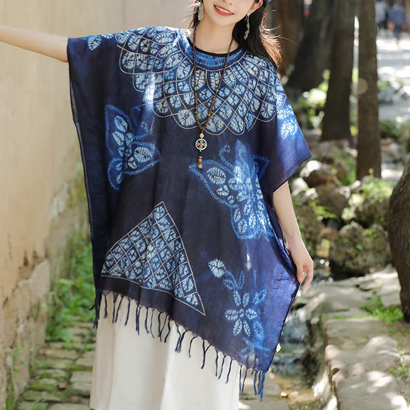 Jersey de viaje acogedor con borlas y chal Batik de mariposa azul con Buddha Stones 90*95cm