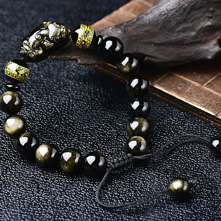 Pulsera trenzada de obsidiana con brillo de oro natural, Buddha Stones , PiXiu Om Mani Padme Hum, riqueza