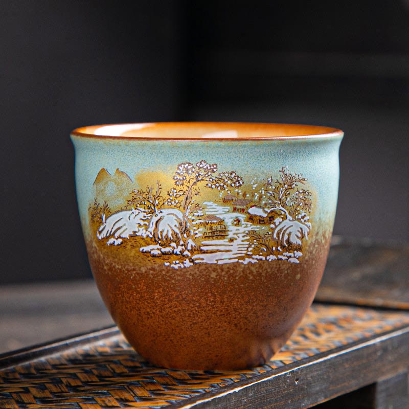 Buddha Stones, ciervo colorido, Pipa, nieve, flores de ciruelo, montañas, ríos, pájaro, taza de té de cerámica, tazón de té de Kung Fu