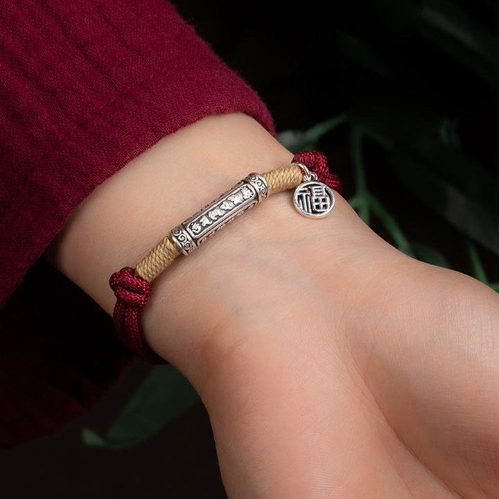 Pulsera trenzada de plata de ley 999 con Buddha Stones , hecha a mano en el Tíbet, Om Mani Padme Hum Fu, personaje de TopRank, suerte