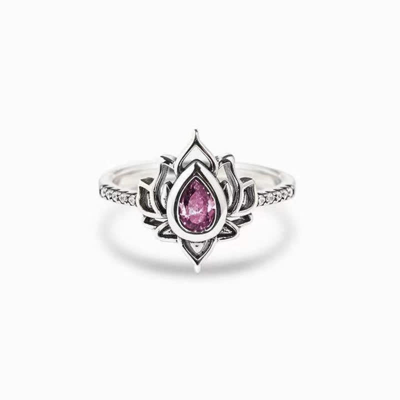 Anillo de protección de bendición de circonita de loto de plata de ley con Buddha Stones