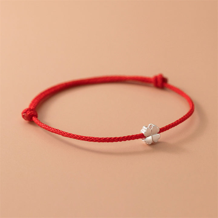 Pulsera de cuerda roja con trébol de cuatro hojas de plata de ley 925 con Buddha Stones