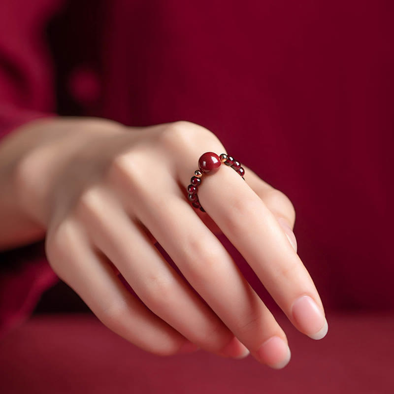 Anillo de protección de rosa con Buddha Stones , granate, cinabrio, PiXiu Om Mani Padme Hum