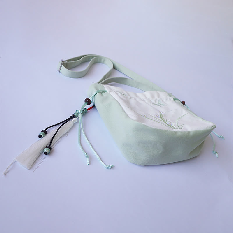 Bolso de hombro de lona con flores bordadas hechas a mano con Buddha Stones