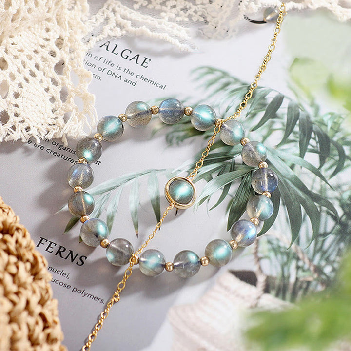Pulsera de amor curativa con piedra lunar natural chapada en oro de 14 quilates con Buddha Stones