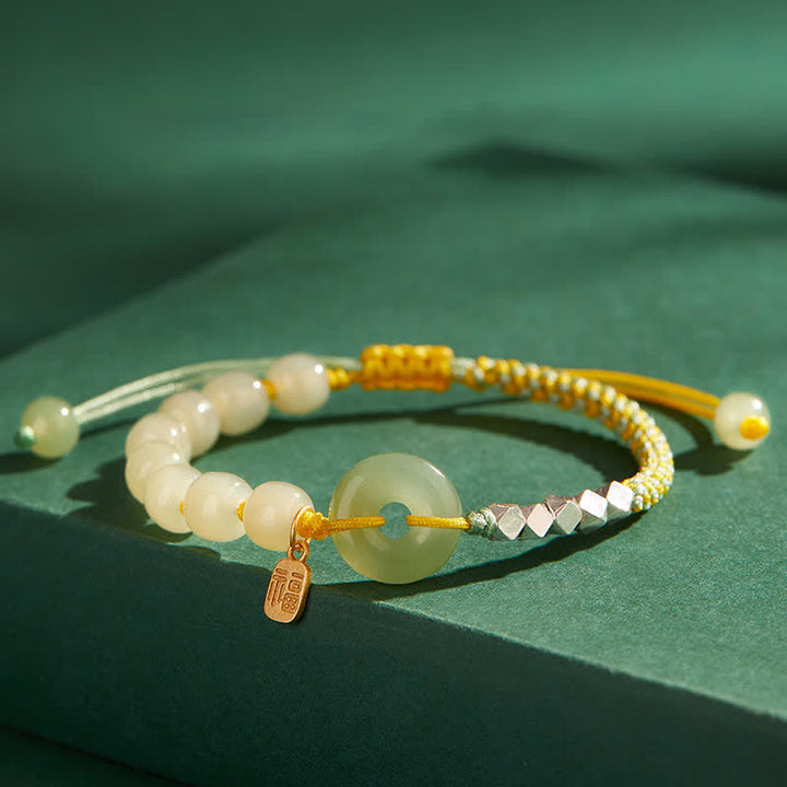 Pulsera de plata de ley 925 con hebilla de paz y jade hetiano con cuentas de suerte y felicidad