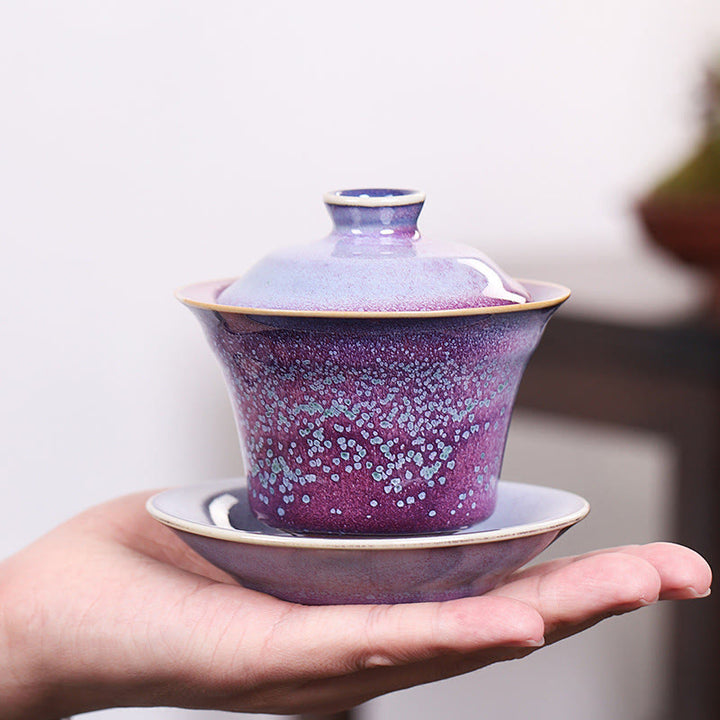 Taza de té y platillo con tapa, cerámica Gaiwan Sancai, cambio de horno de esmalte Retro, Buddha Stones , Kung Fu