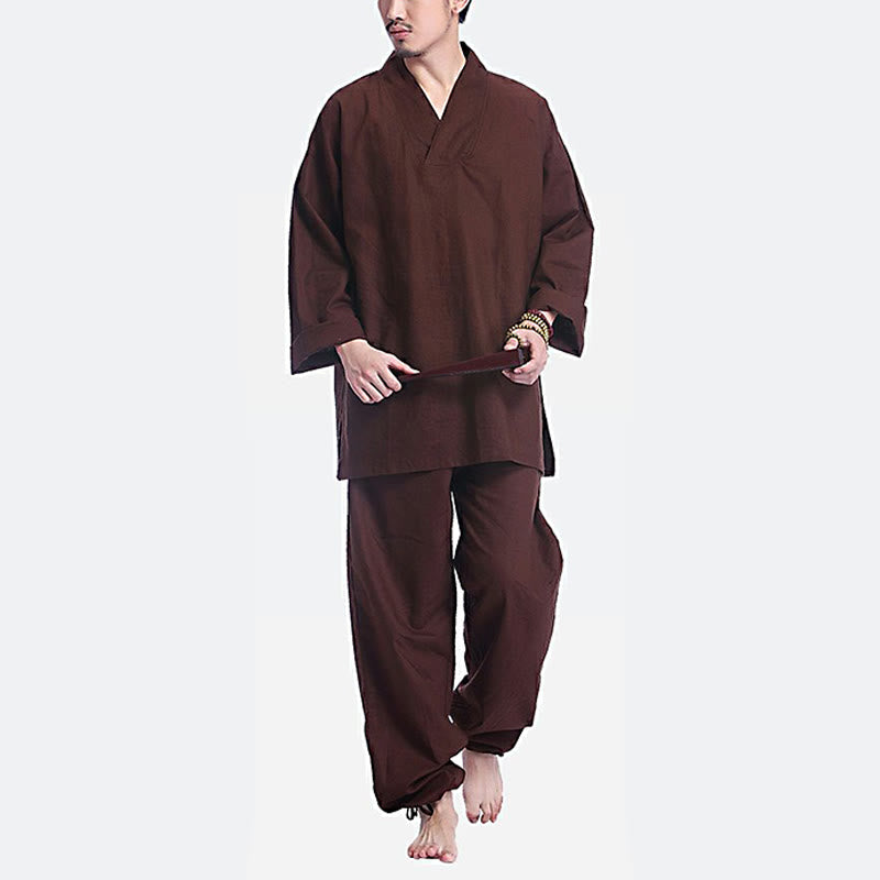 Conjunto de ropa de yoga para hombre con cuello en V, diseño de algodón y lino con Buddha Stones para meditación y oración - image 3