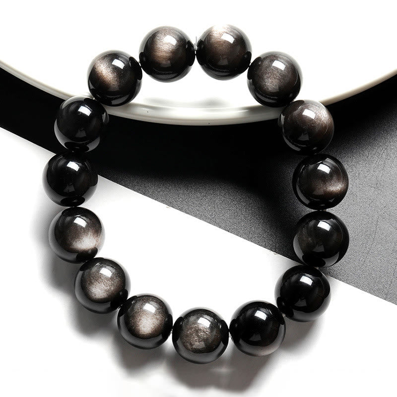 Pulsera de protección calmante de obsidiana brillante de plata natural con Buddha Stones