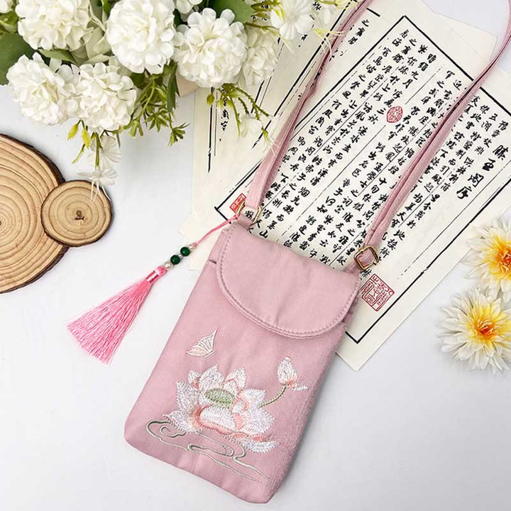Bolso bandolera con flores bordadas pequeñas y Buddha Stones, bolso de hombro, bolso para móvil de doble capa