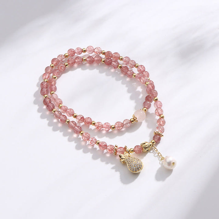 Pulsera de doble envoltura con dije positivo para bolsa de dinero de cuarzo fresa con Buddha Stones