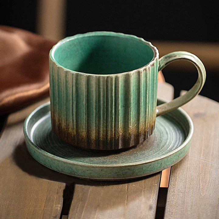 Taza de café de cerámica con cambio de horno a rayas Retro de Buddha Stones, taza de café y té de cerámica rugosa con platillo de 250ml