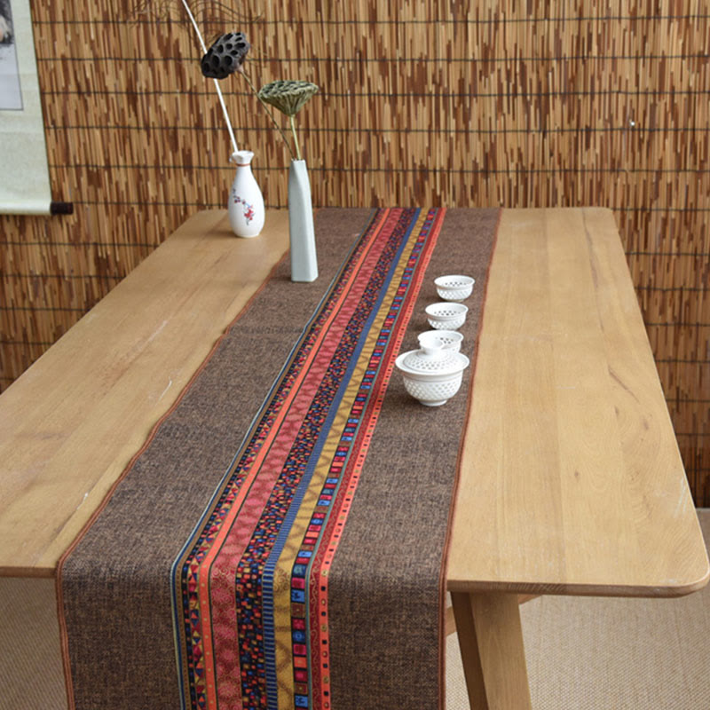 Camino de mesa con borlas de lino y algodón, Buddha Stones, estilo chino clásico, loto, pez Koi, flor, grulla, caligrafía, iluminación
