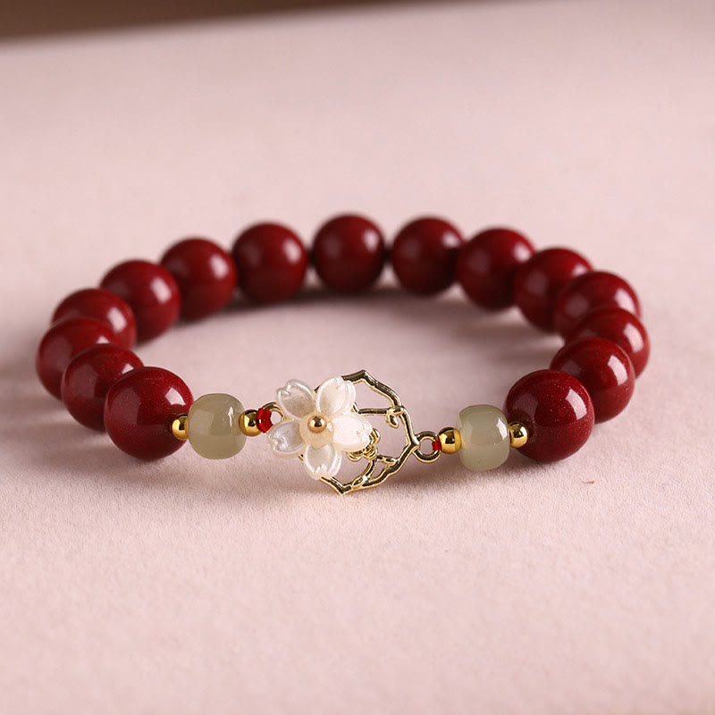 Pulsera de bendición de flores de piedra Tridacna con cuentas de jade cinabrio Natural de Buddha Stones
