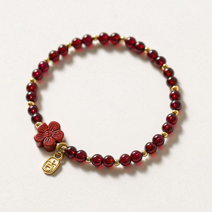Pulsera tranquila con flor de cinabrio y granate natural de oro de 14 quilates con Buddha Stones - Granate (Cuentas ultrafinas) (Circunferencia de muñeca: 13-16 cm) - image 1