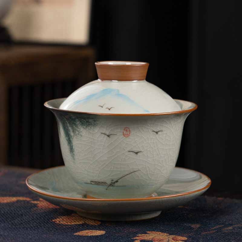 Buddha Stones, loto, pez Koi, hoja de vaina, taza de té de cerámica Gaiwan Sancai, taza de té de Kung Fu y platillo con tapa, 140ml