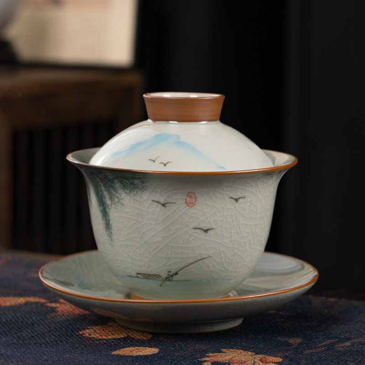 Buddha Stones, loto, pez Koi, hoja de vaina, taza de té de cerámica Gaiwan Sancai, taza de té de Kung Fu y platillo con tapa, 140ml