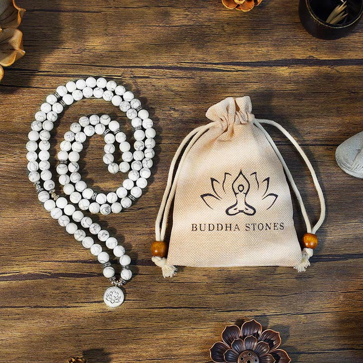 Pulsera curativa de mala de loto turquesa blanca con Buddha Stones
