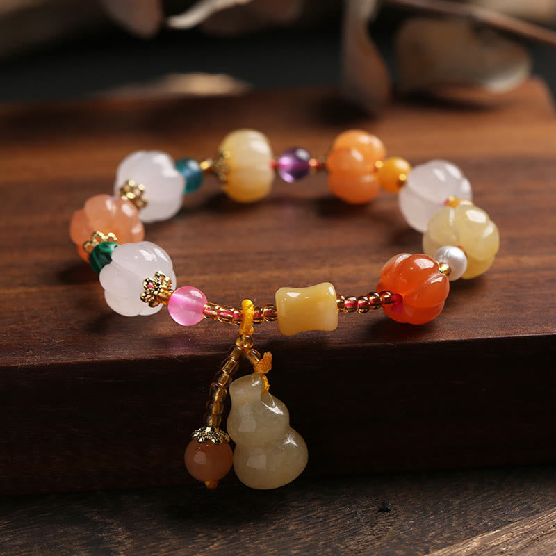 Pulsera de abalorios de riqueza con cuentas de calabaza Pixiu, cristales de Jade de seda dorada Natural