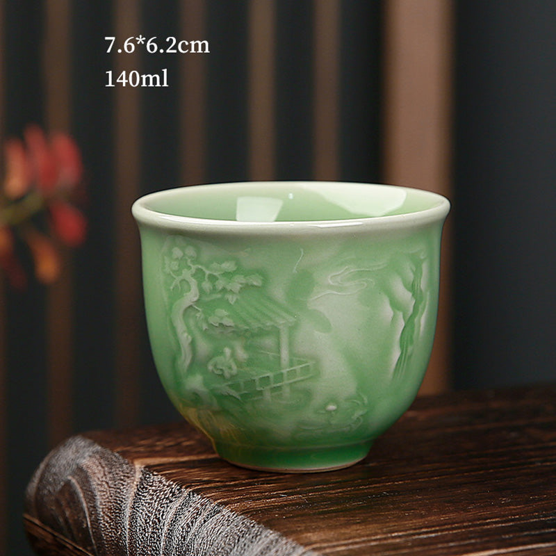 Taza de té de cerámica de pino, piedras de Buddha Stones , árboles, pabellón, montañas, ríos, Kung Fu