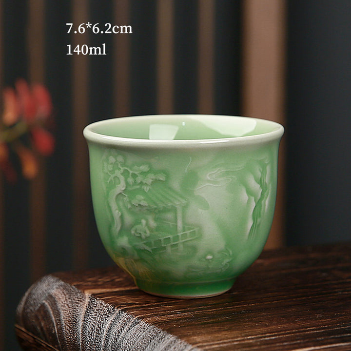 Taza de té de cerámica de pino, piedras de Buddha Stones , árboles, pabellón, montañas, ríos, Kung Fu