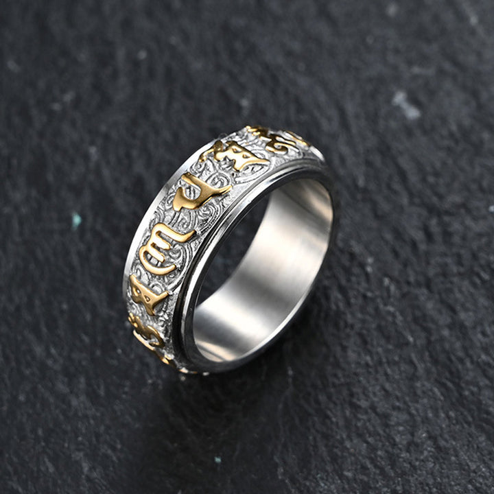 Anillo de acero de titanio con Buddha Stones, seis palabras verdaderas, equilibrio tranquilo