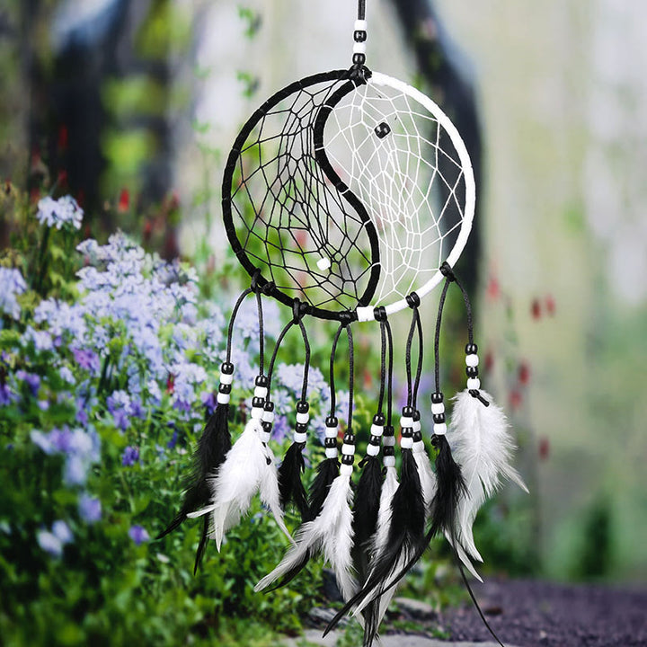 Atrapasueños Yin Yang, red circular con plumas, decoración de equilibrio