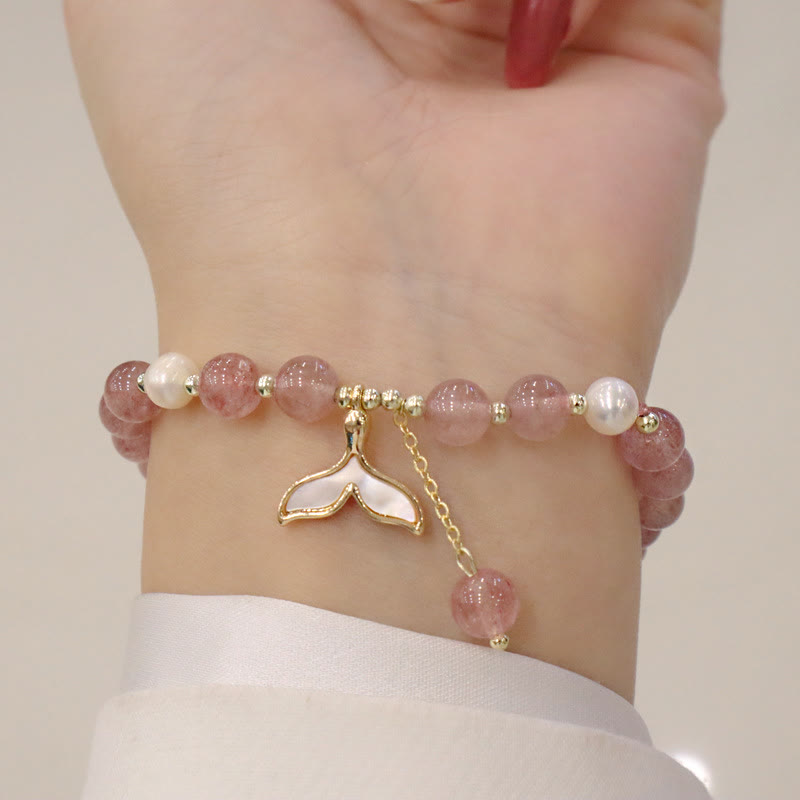 Pulsera curativa con dije de personaje Fu de cola de pez con cara sonriente de alce y perlas de cuarzo fresa con Buddha Stones