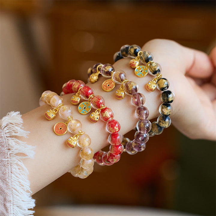 Buddha Stones, bestia tragadora de oro, moneda de cobre, amuleto de buena suerte, pulsera de fortuna con cuentas de vidrio Liuli