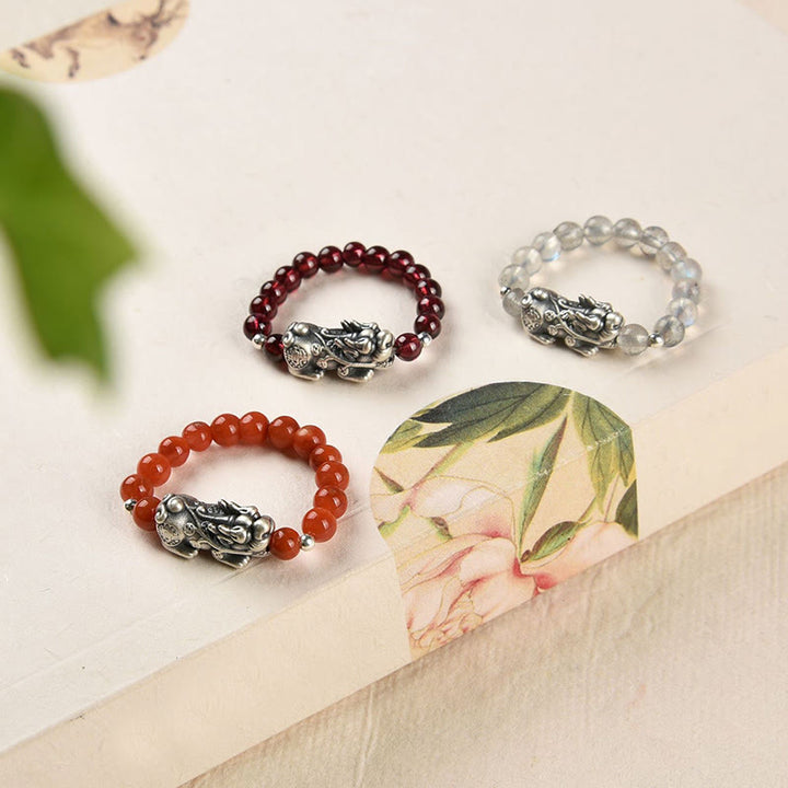 Buddha Stones Anillo de plata de ley 925 con piedra lunar granate natural, ágata roja, PiXiu