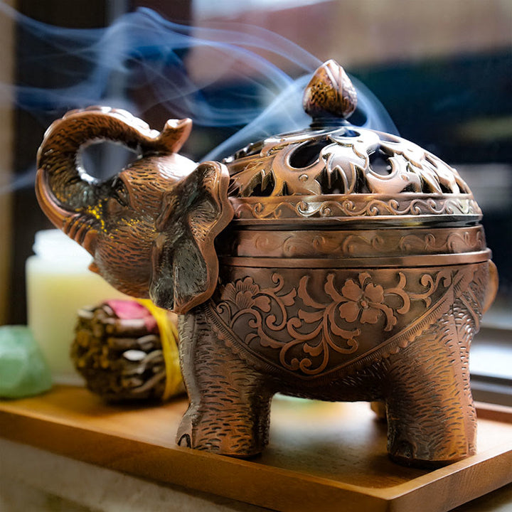 Quemador de incienso de aleación de elefante con Buddha Stones, decoración del hogar