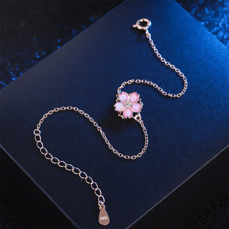 Pulsera con cadena de bendición de flor de cerezo de plata de ley 925 con Buddha Stones , anillo giratorio