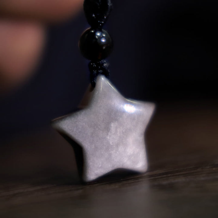 Colgante de collar de protección de luna creciente con estrella de obsidiana brillante de plata natural con Buddha Stones