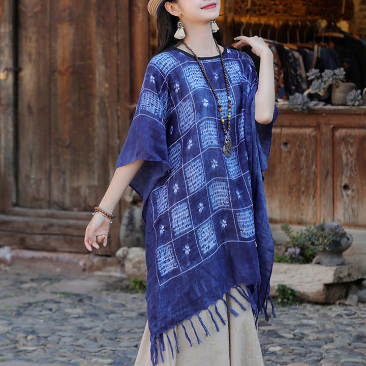 Jersey suave con borlas y chal a cuadros con bloques de Color azul de Buddha Stones 90*95cm