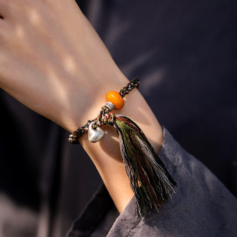 Pulsera de protección de deseos de peso de acero de ámbar hecho a mano tibetana de plata de ley 990